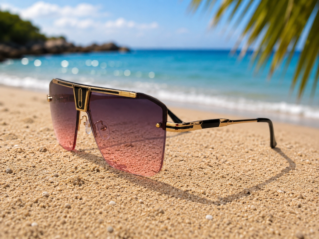 Lunettes de soleil Eléna - Monture géométrique dorée et verres dégradés rose fumé intense