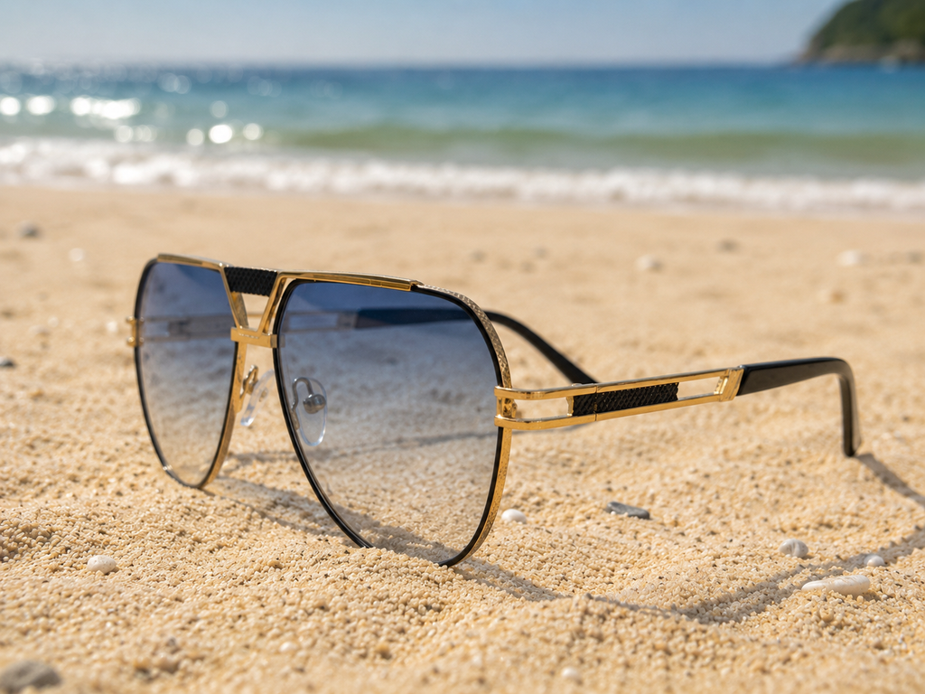 Lunettes de soleil Azura - Monture géométrique dorée et verres dégradés bleus
