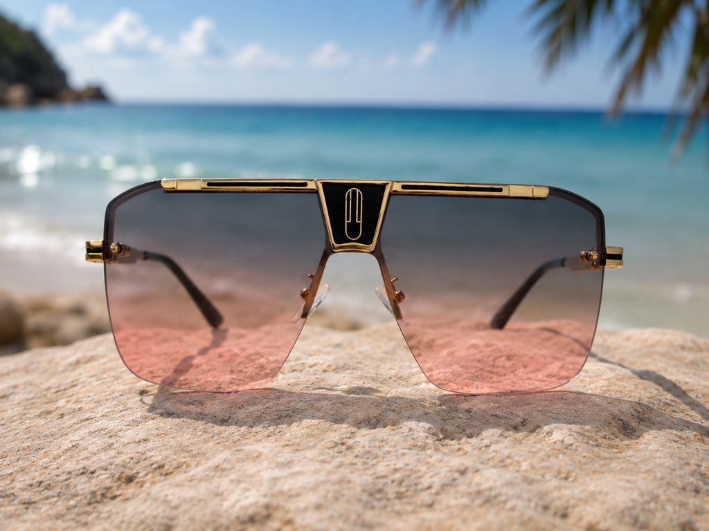 Lunettes de soleil Eléna - Monture géométrique dorée et verres dégradés rose fumé