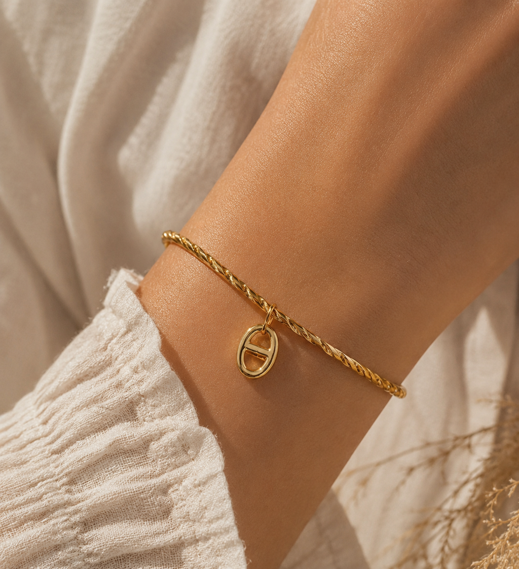 Bracelet jonc Marina en acier inoxydable doré - charm inspiration maille marine