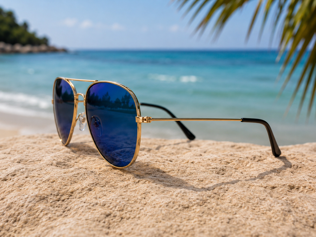 Lunettes de soleil Oceana - Style aviateur doré et verres miroir bleus