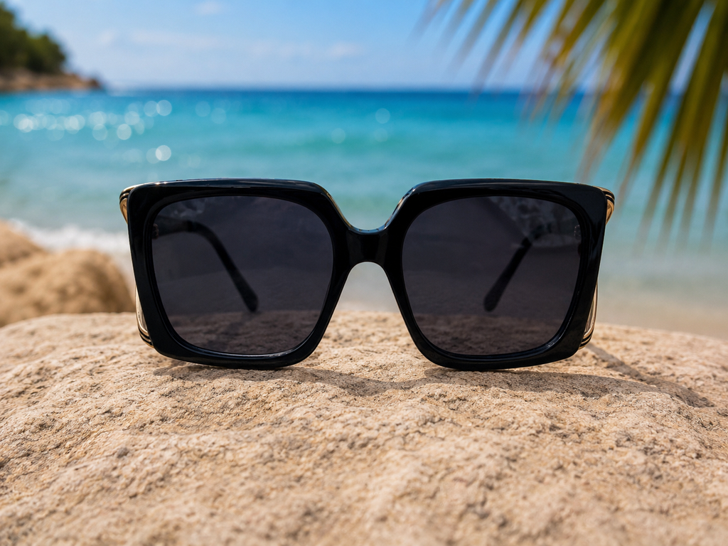 Lunettes de soleil Onyx - Monture carrée oversize noire et détails dorés