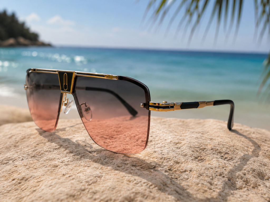 Lunettes de soleil Eléna - Monture géométrique dorée et verres dégradés rose fumé