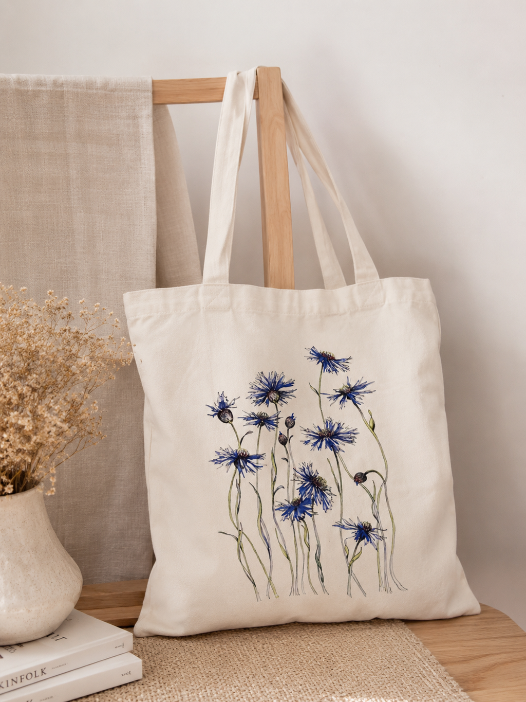 ✨ Tote bag en toile imprimé bleuets – Élégance naturelle • Élia✨