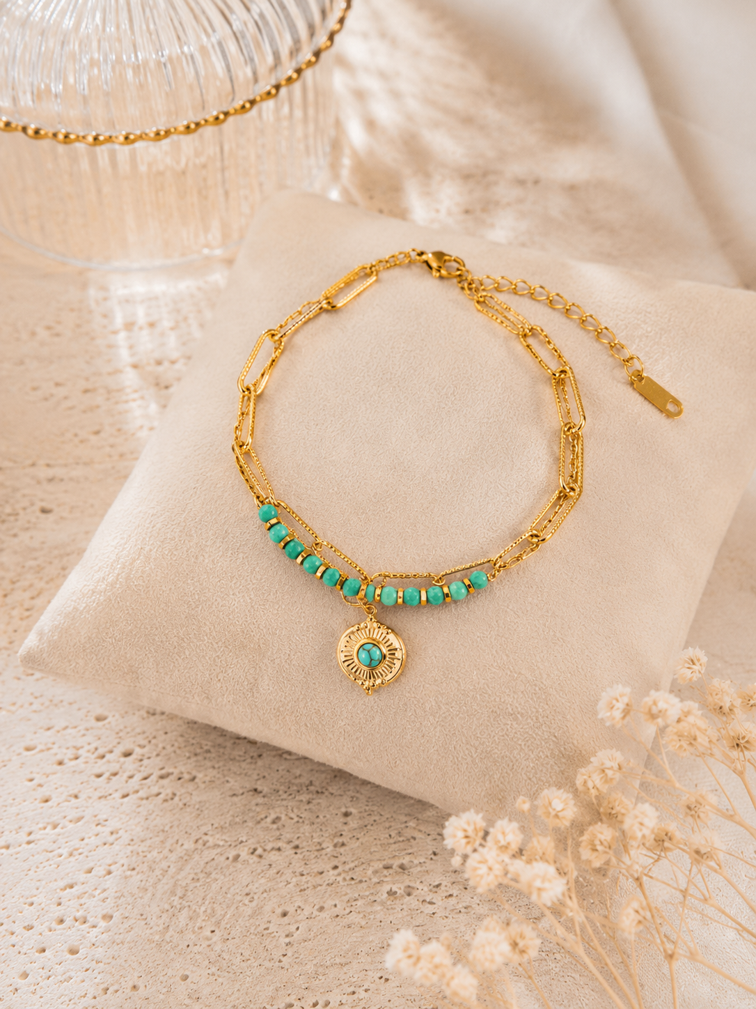 ✨Bracelet doré, perles turquoise & pendentif œil – Style bohème chic • Talia✨