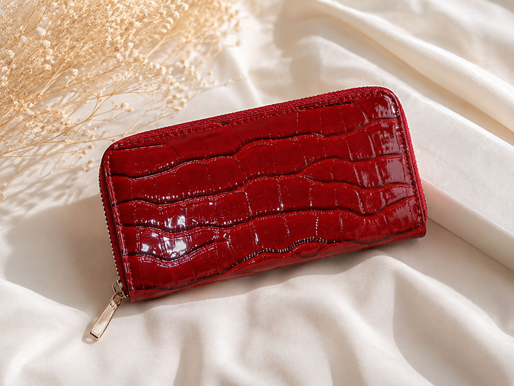 ✨Portefeuille femme zippé effet croco rouge – Style chic et intemporel • Velina✨