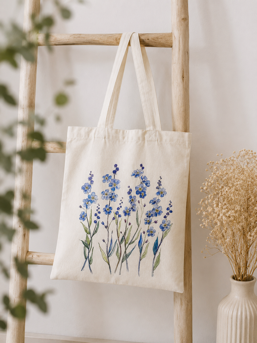 ✨ Tote bag en toile imprimé fleurs champêtres – Douceur florale • Myosotis✨