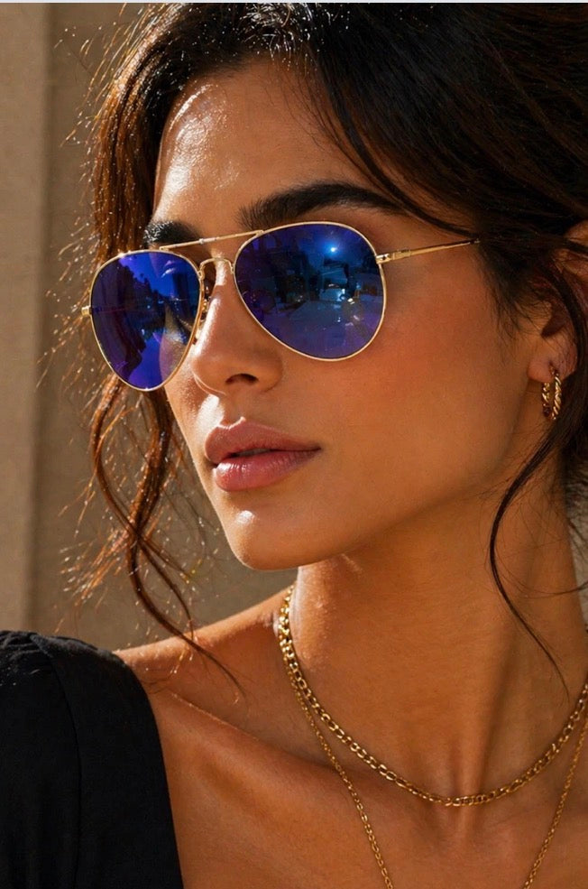 Lunettes de soleil Oceana - Style aviateur doré et verres miroir bleus
