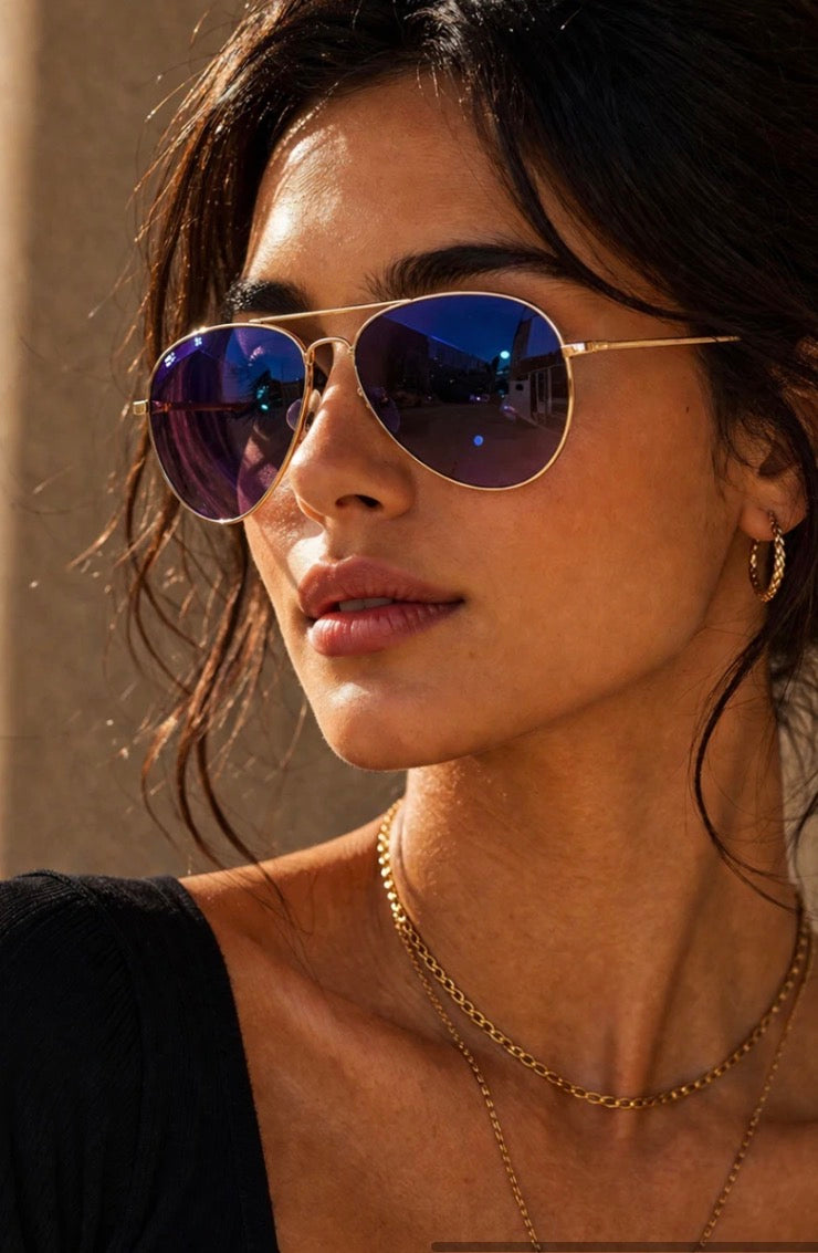 Lunettes de soleil Oceana - Style aviateur doré et verres miroir bleus