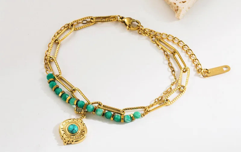 ✨Bracelet doré, perles turquoise & pendentif œil – Style bohème chic • Talia✨