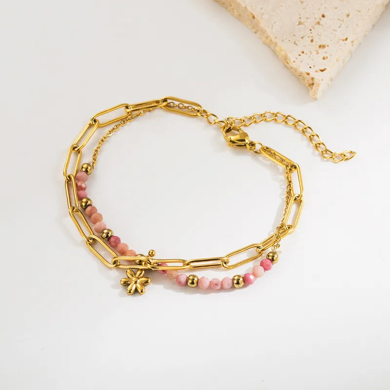 ✨Bracelet doré perles roses & chaîne fine – Élégant et ajustable • Rosya✨